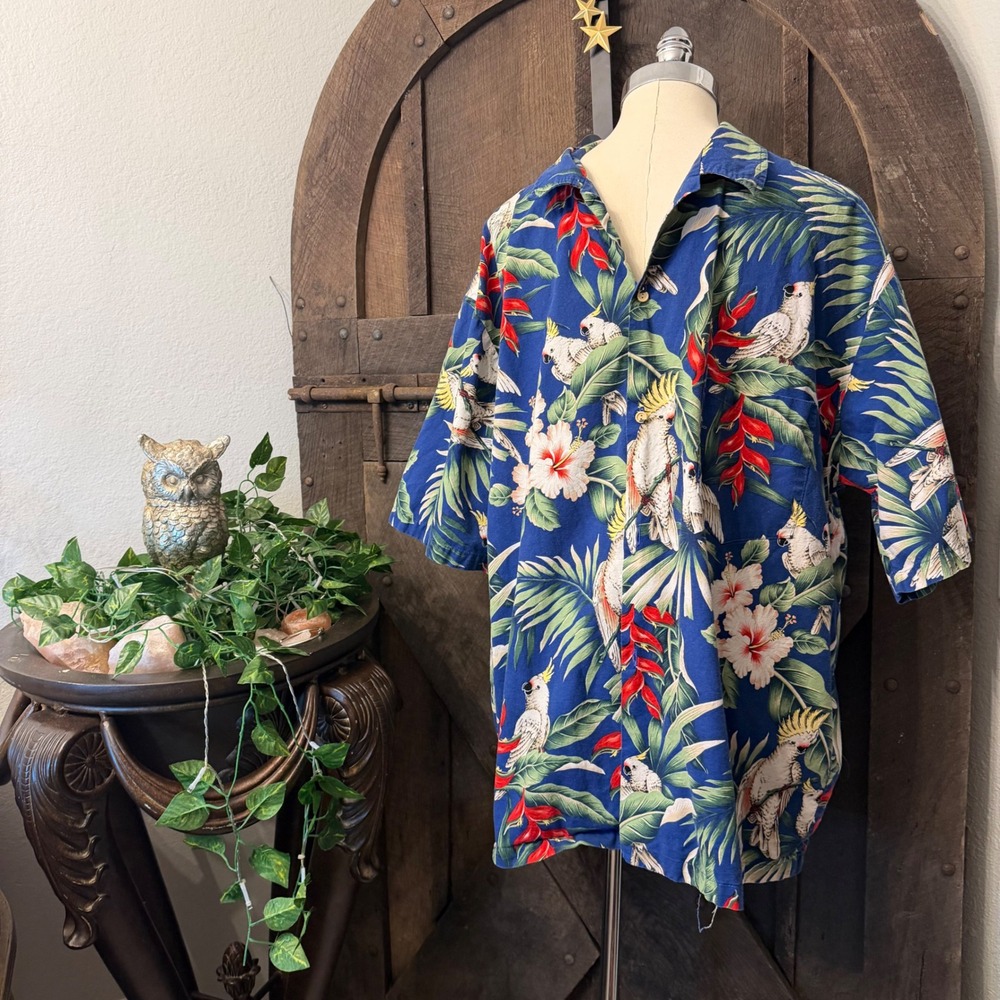 Hanna Tropical Cockatoo Button Down Shirt XL Blue Hawaiian Bird Print